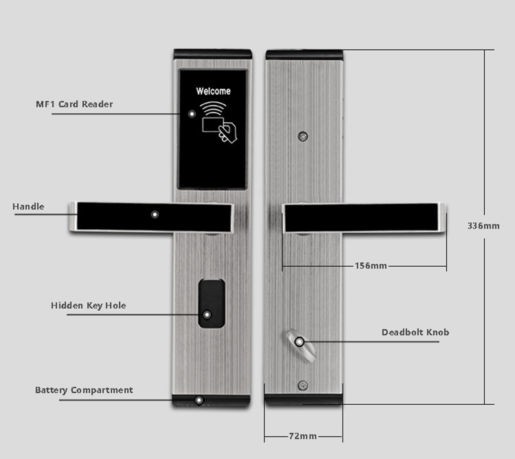 Stainless Steel Keyless Access Locks , Digital Rfid Card Hotel Room Door Locks