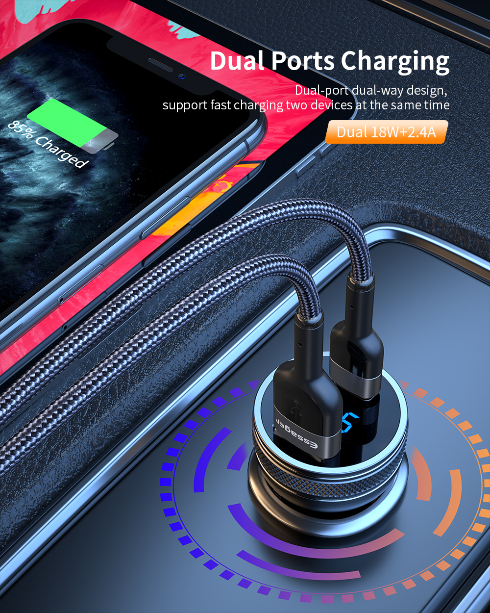 Essager 2021 KINGKONG Best Selling 36W Car Charger PD 3.0 QC3.0 2U Electric Car Charger