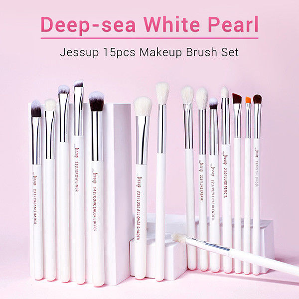 Jessup 15pcs Pearl White/Silver Aluminium Ferrule Eyeshadow Eyebrow Shader Makeup Brush Set T237