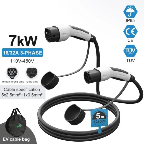 Type2 Three Phase EV Charging Cable 16A 32A 22kw 11KW Charger Female Plug To
