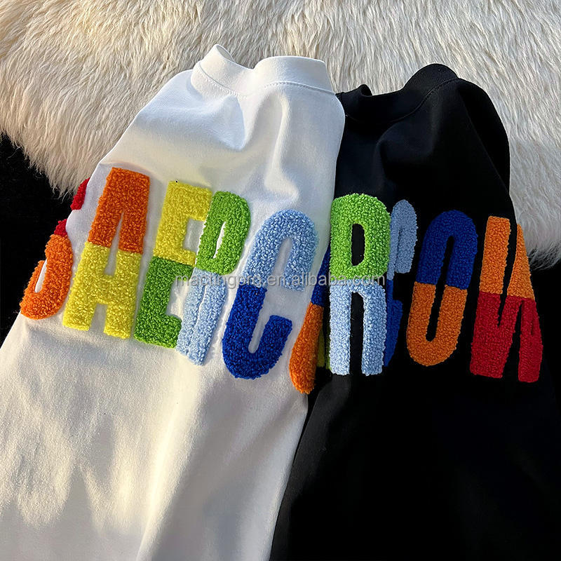 Logo design Custom 100% Cotton Round Neck Tshirt Towel with Chenille Embroidery Patch