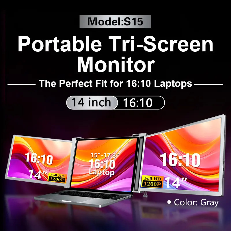 14 Inch Triple Triple Portable Laptop Monitor With Dual USB C / Type C Extender 16:10 Wide Ratio